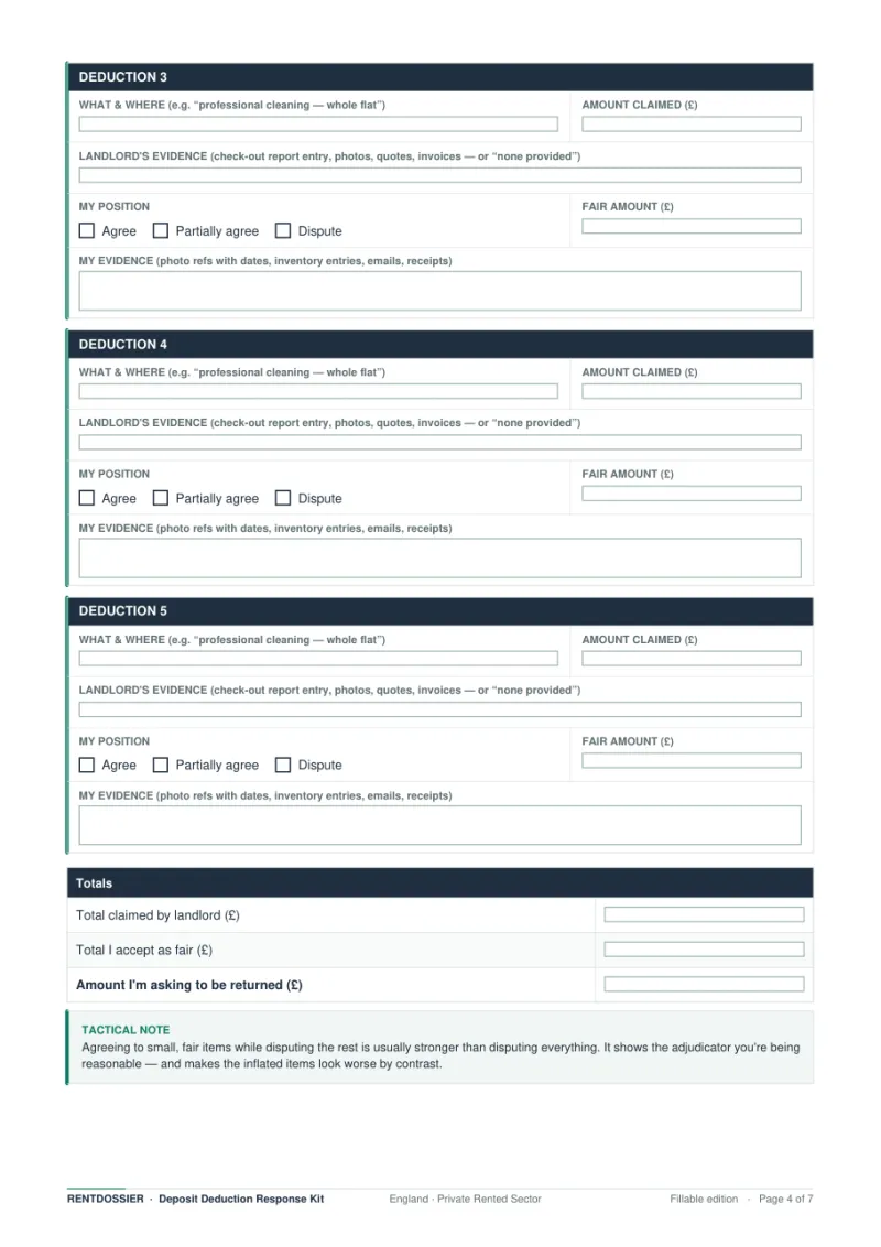 Response letter template page from the Deposit Deduction Response Kit