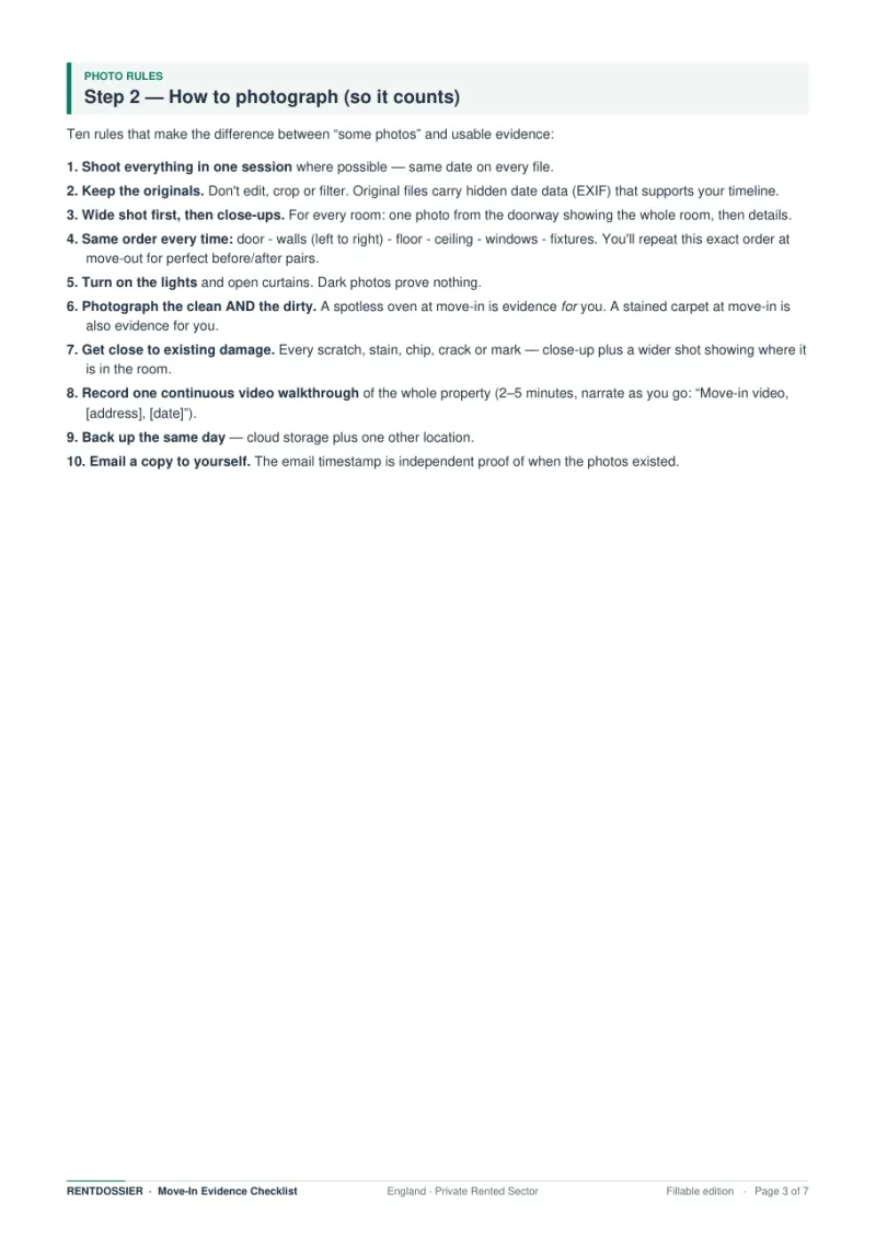 Photo rules page listing ten rules for photographing a property at move-in
